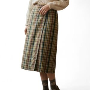 VTG Lizsport Petite Plaid Midi Faux Wrap Skirt Gold Red Blue Cotton Sz 12P